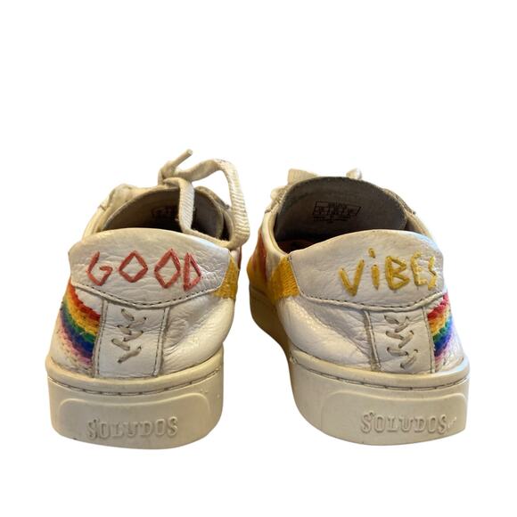 Soludos x Lockhart Embroidery Good Vibes White Leather Rainbow Hippie Shoes Sz 8 - Picture 12 of 16